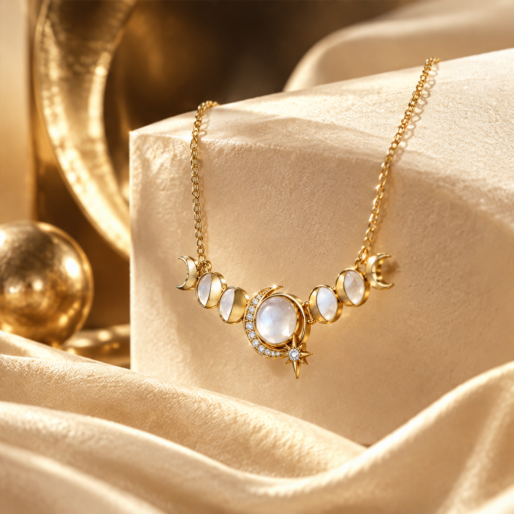 Moon Phase Moonstone Station Necklace | 18K Gold Lunar Cycle Fine Jewelry
