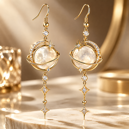Moonstone Globe Star Tassel Drop Earrings | 18K Gold Long Celestial Jewelry