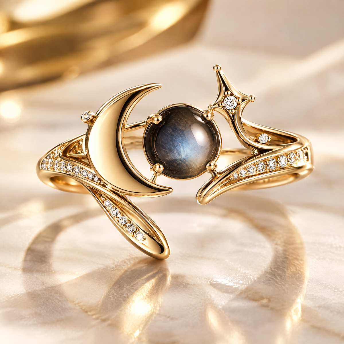 Moon & Star Labradorite Open Ring | 18K Gold Eclipse Jewelry