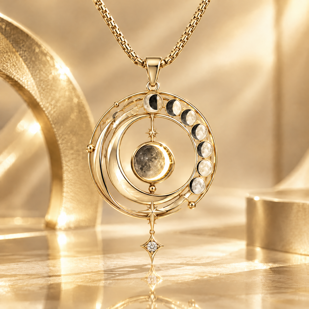 Moon Phase Orrery Pendant Necklace | 18K Gold Lunar Orbit Diamond Fine Jewelry