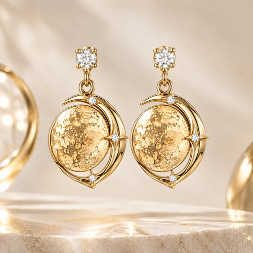 Gold Hammered Moon Crescent Drop Earrings | 18K Gold Diamond Star Jewelry