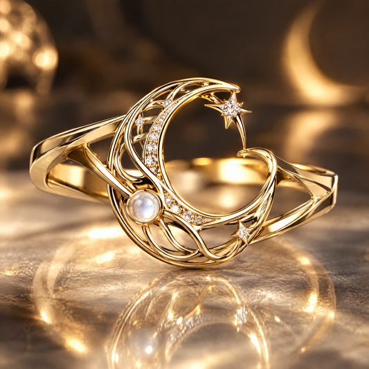 Moonlit Pearl Orbit Ring | 18K Gold Diamond Crescent Jewelry