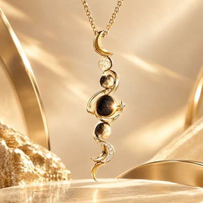 Vertical Moon Phase Journey Pendant Necklace | 18K Gold Cycle Rebirth Jewelry