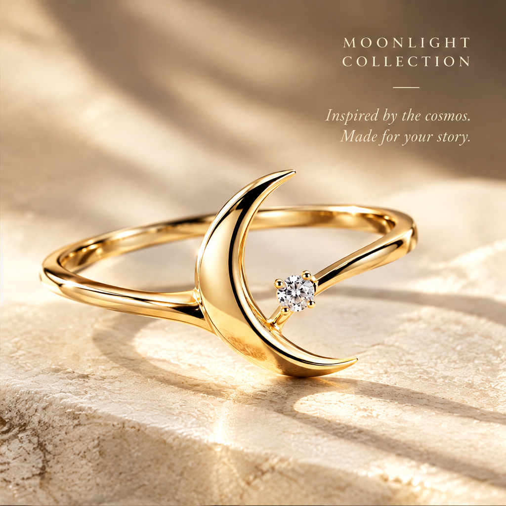 Minimalist Crescent Moon Ring | 18K Gold Single Diamond