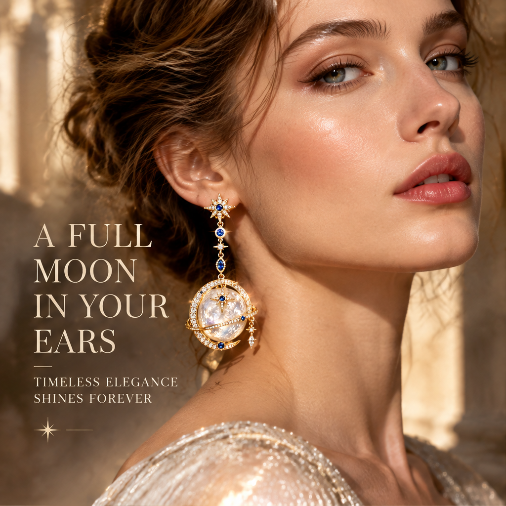 Sapphire Moon Globe Long Drop Earring | 18K Gold Celestial Statement Jewelry