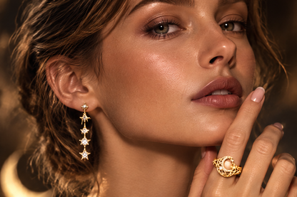 Moonlit Pearl Orbit Ring | 18K Gold Diamond Crescent Jewelry