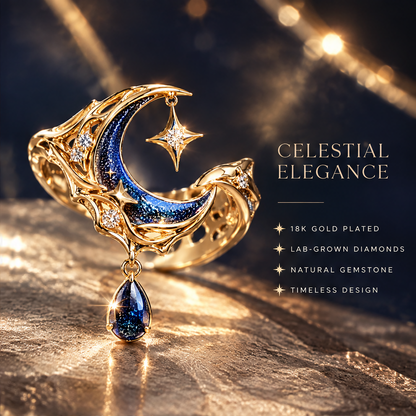 Galaxy Crescent Dangle Ring | 18K Gold Blue Sapphire Star Drop
