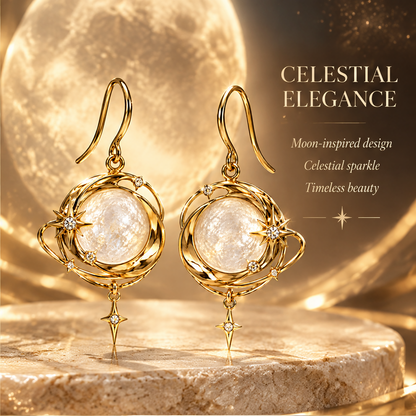 Moonstone Spiral Galaxy Drop Earrings | 18K Gold Multi-Orbit Celestial Jewelry