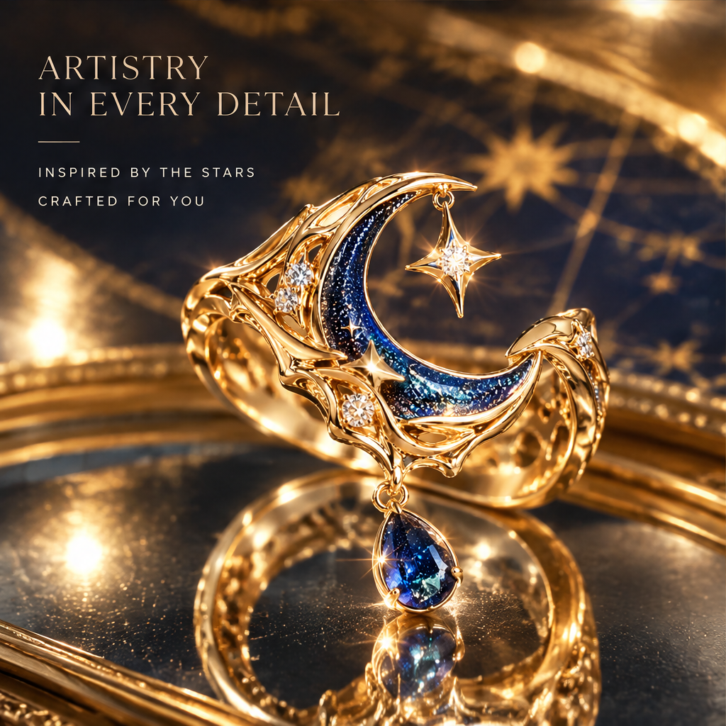 Galaxy Crescent Dangle Ring | 18K Gold Blue Sapphire Star Drop