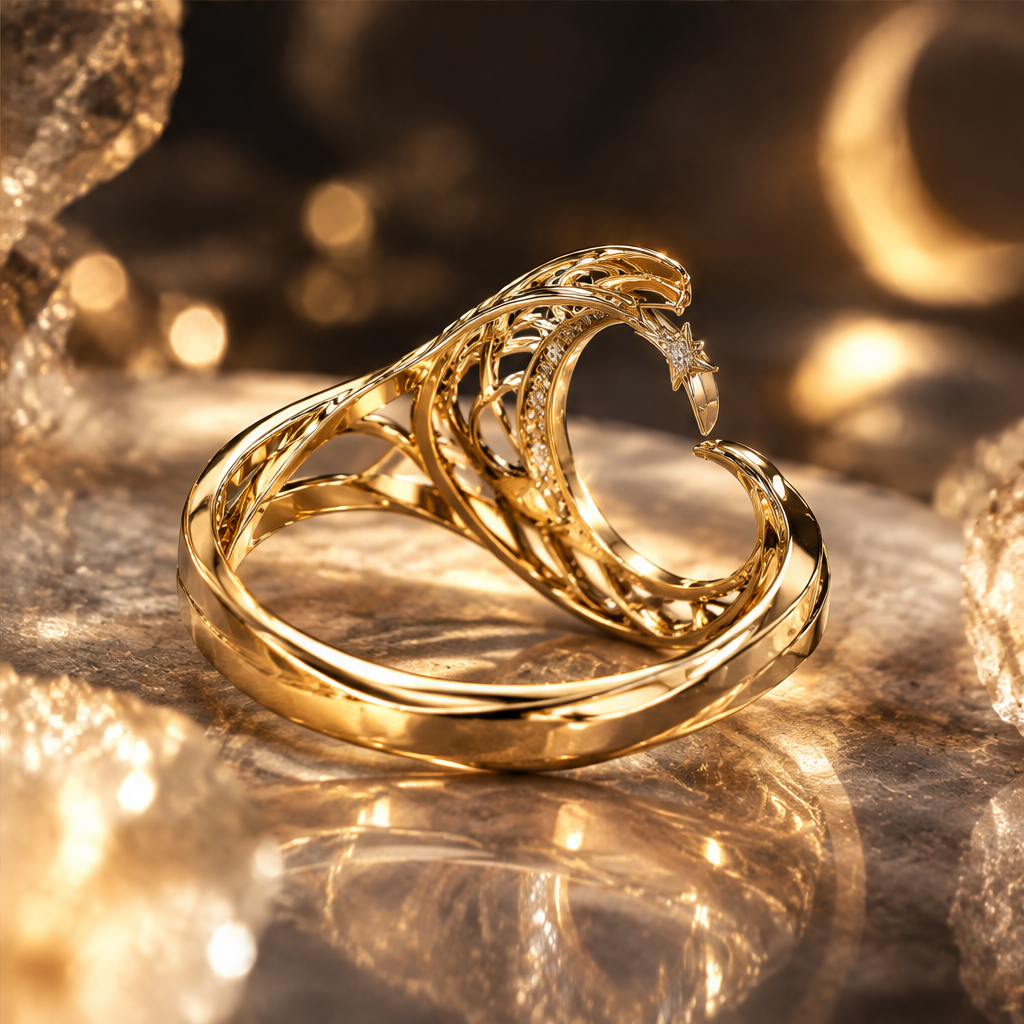 Pearl Woven Moon Ring | 18K Gold Celestial Orbit Fine Jewelry