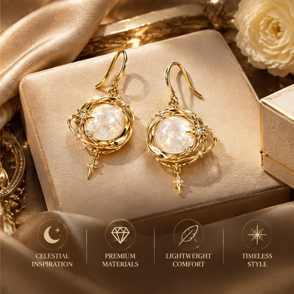 Moonstone Spiral Galaxy Drop Earrings | 18K Gold Multi-Orbit Celestial Jewelry