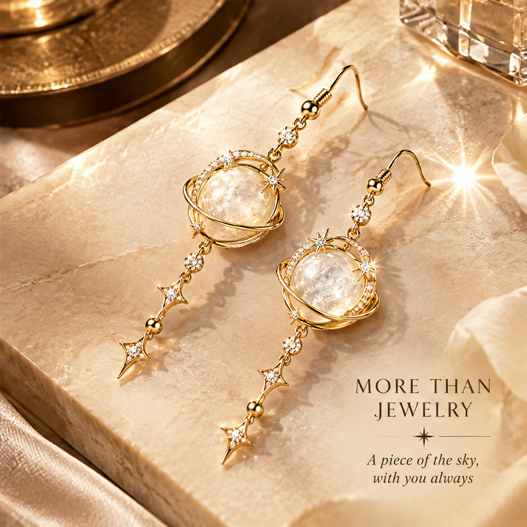Moonstone Globe Star Tassel Drop Earrings | 18K Gold Long Celestial Jewelry