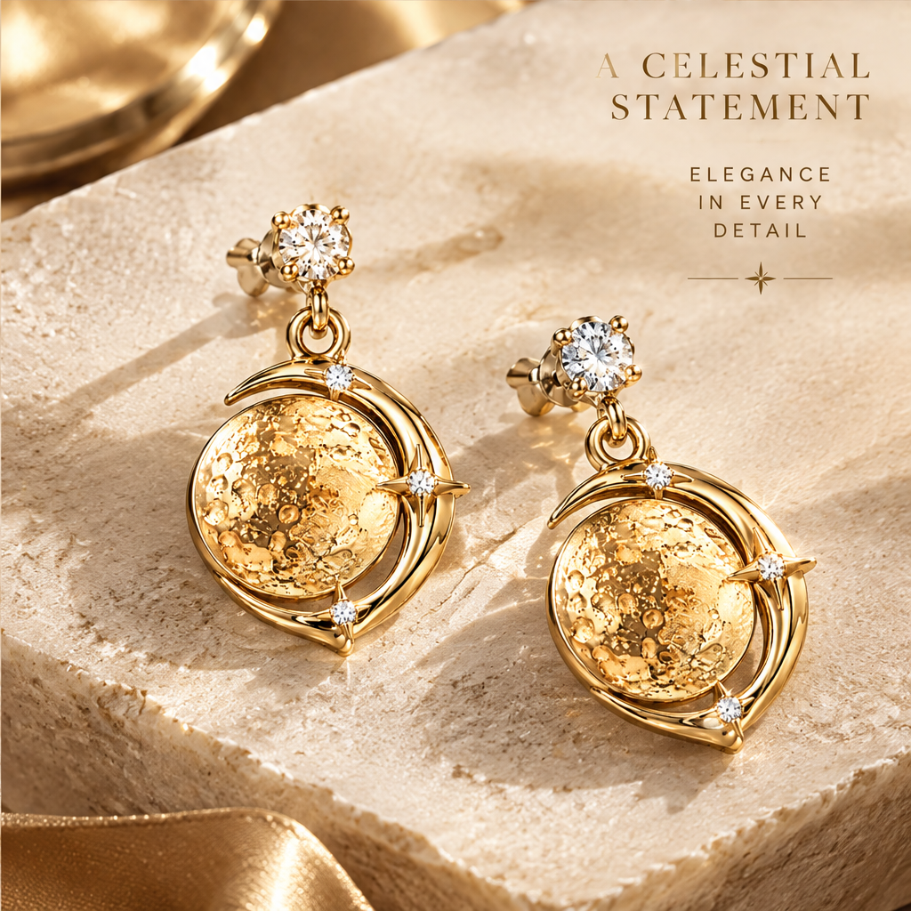 Gold Hammered Moon Crescent Drop Earrings | 18K Gold Diamond Star Jewelry