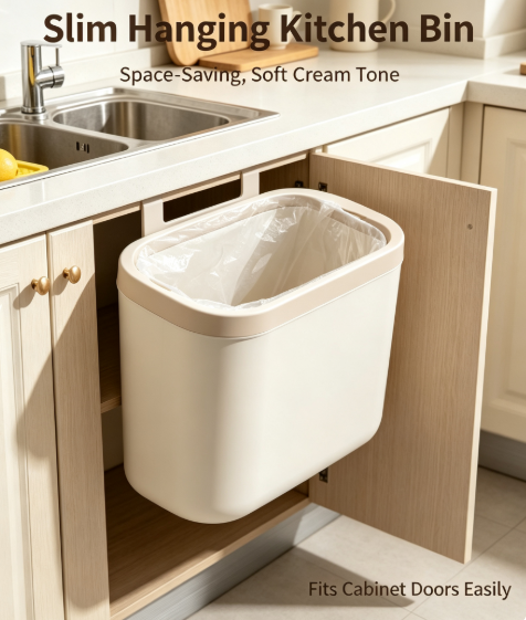 Modern Cream-Colored Slim Step-Free Trash Can - Wall-Mounted Waste Basket with Easy-Open Lid - DIY Small Space Garbage Bin for Modern Home & Kitchen