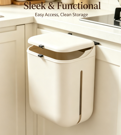 Modern Cream-Colored Slim Step-Free Trash Can - Wall-Mounted Waste Basket with Easy-Open Lid - DIY Small Space Garbage Bin for Modern Home & Kitchen