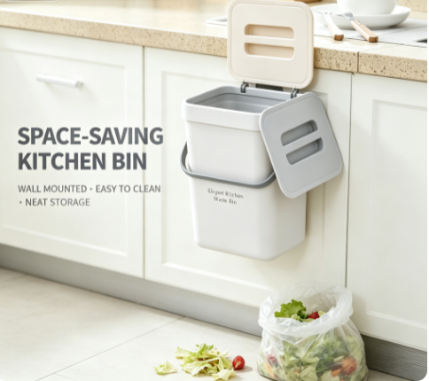 Small Wall-Mounted Kitchen Trash Can with Lid - 1.3 Gallon Odor-Proof Countertop Compost Bin - Green Hanging Garbage Container for Food Waste & Scraps