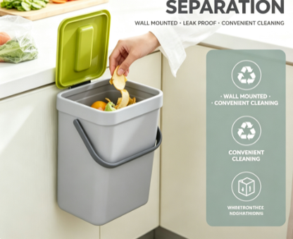 Small Wall-Mounted Kitchen Trash Can with Lid - 1.3 Gallon Odor-Proof Countertop Compost Bin - Green Hanging Garbage Container for Food Waste & Scraps