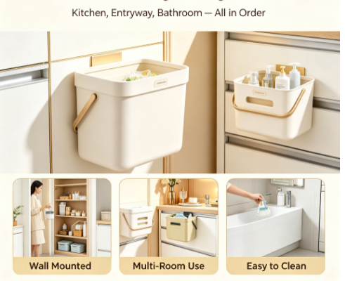 Thickened Wall-Mount Garbage Container - Space-Saving Hanging Trash Can with Cover for Kitchens