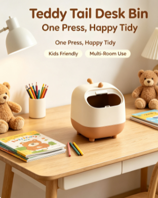 Playful Ninja Mini Desktop Trash Can - Press-Top Small Waste Basket for Office Desks and Dorms